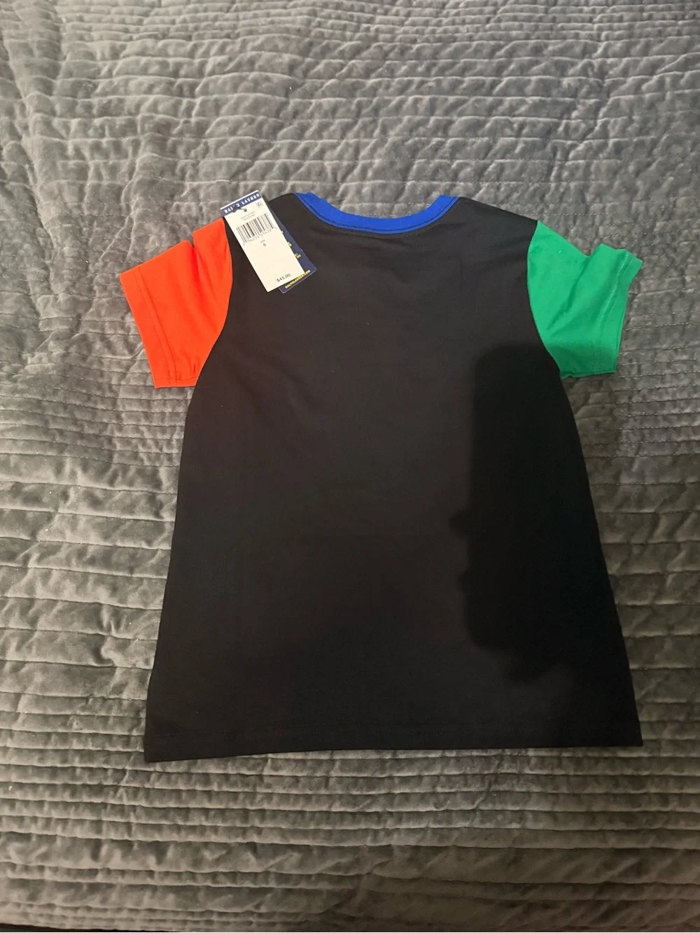Ralph Lauren Black Tee with Multicolor Logo and Colorblock Sleeves